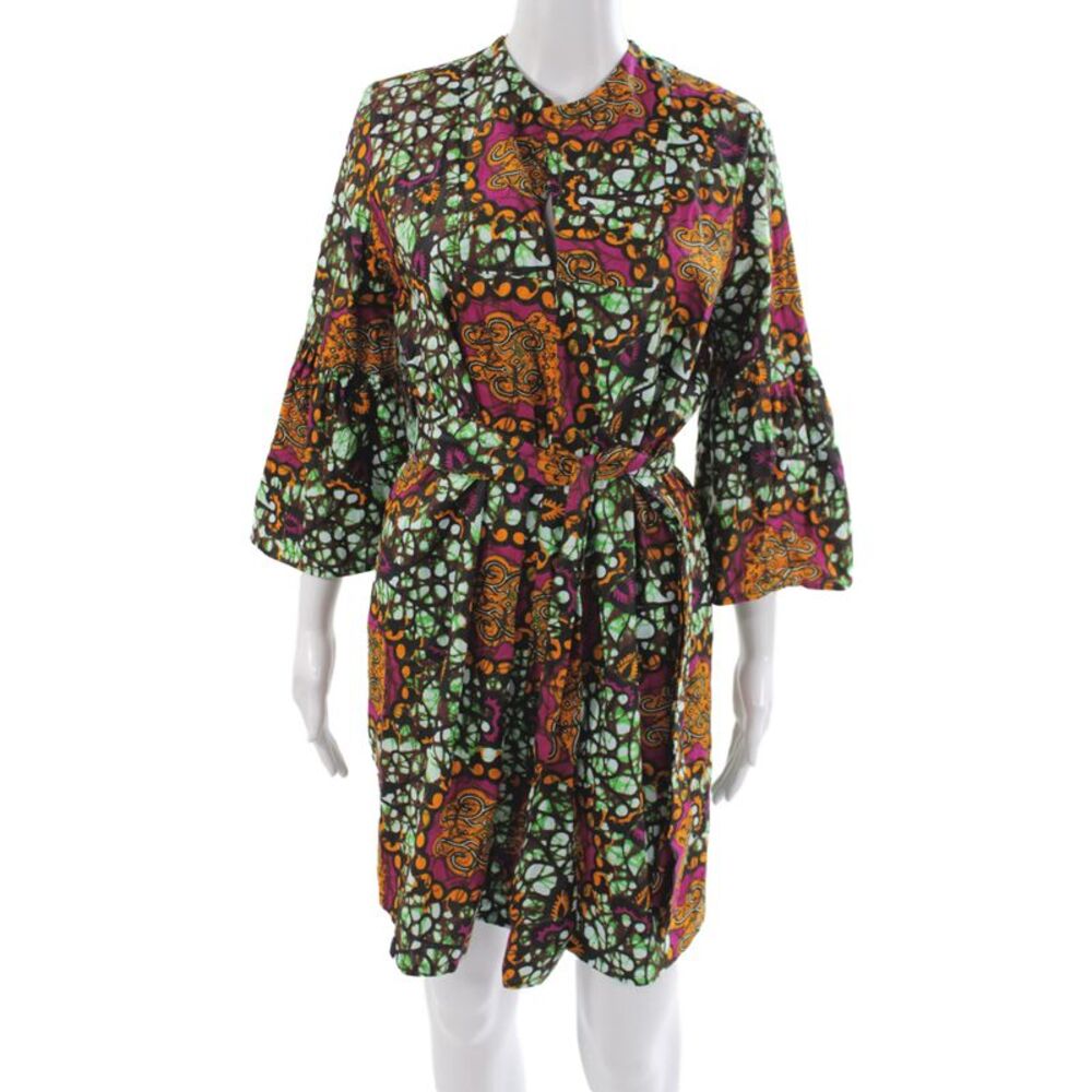 Designer Women Shift Dress Multicolor Batik 3/4 Sleeve Round Neck Size M
